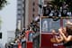LOS ANGELES, CA - JUNE 14: Los Angeles Kings team members from left Trevor Lewis #22, Brad Richardson #15 and Jarret Stoll# 28 wave to cheering fans during the Stanley Cup victory parade on June 14, 2012 in Los Angeles, California. The Kings are celebra