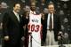MIAMI - JUNE 27: (L to R) Randy Pfund, Dwyane Tyrone Wade and Pat Riley attend the Miami Heat press conference to present the Heat's #5 draft pick on June 27, 2003 at American Airlines Arena in Miami, Florida. NOTE TO USER: User expressly acknowledges an