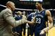 Mar 21, 2014; Atlanta, GA, USA; New Orleans Pelicans forward Anthony Davis (23) is congratulated by head coach Monty Williams after defeating the Atlanta Hawks at Philips Arena. The Pelicans won 111-105. Mandatory Credit: Kevin Liles-USA TODAY Sports