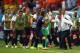 SALVADOR, BRAZIL - JUNE 13: Robin van Persie of the Netherlands (C) celebrates with head coach Louis van Gaal of the Netherlands (R) after scoring the team's first goal in the first half during the 2014 FIFA World Cup Brazil Group B match between Spain an