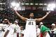 SAN ANTONIO, TX - JUNE 15: Tim Duncan #21 of the San Antonio Spurs reacts with teammates after winning 2014 NBA Finals at AT&T Center on June 15, 2014 in San Antonio, Texas. NOTE TO USER: User expressly acknowledges and agrees that, by downloading and/or