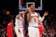 Apr 4, 2014; New York, NY, USA; New York Knicks shooting guard J.R. Smith (8) reacts at the end of the second quarter of a game against the Washington Wizards at Madison Square Garden. Mandatory Credit: Brad Penner-USA TODAY Sports