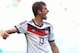 June 16, 2014; Salvador, BRAZIL; Germany player Thomas Mueller celebrates a goal against Portugal during Group G play during the 2014 World Cup at Arena Fonte Nova. Mandatory Credit: Tim Groothuis/Witters Sport via USA TODAY Sports