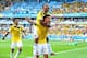 BELO HORIZONTE, BRAZIL - JUNE 14: James Rodriguez of Colombia (bottom) celebrates scoring his team's third goal with Juan Camilo Zuniga (top)during the 2014 FIFA World Cup Brazil Group C match between Colombia and Greece at Estadio Mineirao on June 14, 2
