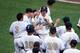 Jun 16, 2014; Omaha, NE, USA; Vanderbilt Commodores outfielder Bryan Reynolds (20) celebrates with teammates after scoring against the UC Irvine Anteaters during game six of the 2014 College World Series at TD Ameritrade Park Omaha. Mandatory Credit: Stev