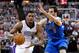 Apr 6, 2014; Sacramento, CA, USA; Sacramento Kings forward Rudy Gay (8) dribbles past Dallas Mavericks guard Jose Calderon (8) in the fourth quarter at Sleep Train Arena. The Mavericks defeated the Kings 93-91. Mandatory Credit: Cary Edmondson-USA TODAY S
