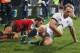 CHRISTCHURCH, NEW ZEALAND - JUNE 17: Chris Pennell of England dives over for a try during the match between the Crusaders and England at the AMI Stadium on June 17, 2014 in Christchurch, New Zealand. (Photo by David Rogers/Getty Images)