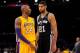 LOS ANGELES, CA - NOVEMBER 13: Tim Duncan #21 of the San Antonio Spurs and Kobe Bryant #24 of the Los Angeles Lakers share a laugh while playing on November 13, 2012 at the Staples Center in Los Angeles, California. NOTE TO USER: User expressly acknowled