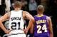 SAN ANTONIO - JANUARY 12: Tim Duncan #21 of the San Antonio Spurs and Kobe Bryant #24 of the Los Angeles Lakers stand together during the game on January 12, 2010 at the AT&T Center in San Antonio, Texas. The Spurs won 105-85. NOTE TO USER: User expres