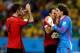 FORTALEZA, BRAZIL - JUNE 17: Goalkeeper Guillermo Ochoa of Mexico (R) reacts after making a save with Rafael Marquez (L) and Andres Guardado during the 2014 FIFA World Cup Brazil Group A match between Brazil and Mexico at Castelao on June 17, 2014 in For