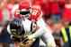 KANSAS CITY, MO - OCTOBER 20: Outside linebacker Tamba Hali #91 of the Kansas City Chiefs sacks quarterback Case Keenum #7 of the Houston Texans late in the 2nd half of the game at Arrowhead Stadium on October 20, 2013 in Kansas City, Missouri. (Photo b