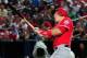 ATLANTA, GA - JUNE 15: Mike Trout #27 of the Los Angeles Angels of Anaheim hits a 3rd inning solo home run against the Atlanta Braves at Turner Field on June 15, 2014 in Atlanta, Georgia. (Photo by Scott Cunningham/Getty Images)