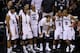 SAN ANTONIO, TX - JUNE 15: Tim Duncan #21, Kawhi Leonard #2, Danny Green #4, Boris Diaw #33, Tiago Splitter #22, Patty Mills #8 and Tony Parker #9 watch as their team defeat the Miami Heat in Game Five of the 2014 NBA Finals at the AT&T Center on June 15