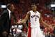 May 4, 2014; Toronto, Ontario, CAN; Toronto Raptors head coach Dwane Casey and Toronto Raptors guard Kyle Lowry (7) reacts after a call in game seven of the first round of the 2014 NBA Playoffs against the Brooklyn Nets at the Air Canada Centre. Brooklyn
