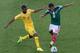 NATAL, BRAZIL - JUNE 13: Aurelien Chedjou of Cameroon battles with Giovani dos Santos of Mexico during the 2014 FIFA World Cup Brazil Group A match between Mexico and Cameroon at Estadio das Dunas on June 13, 2014 in Natal, Brazil. (Photo by Miguel Tov