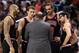 Feb 19, 2014; Toronto, Ontario, CAN; Chicago Bulls forward Carlos Boozer (5) and forward Mike Dunleavy (34) and center Joakim Noah (13) and guard Kirk Hinrich (12) listen to head coach Tom Thibodeau against the Toronto Raptors at Air Canada Centre. The Bu
