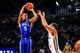 Feb 18, 2014; Atlanta, GA, USA; Duke Blue Devils forward Rodney Hood (5) shoots over Georgia Tech Yellow Jackets forward Quinton Stephens (12) in the second half at Hank McCamish Pavilion. Duke won 68-51. Mandatory Credit: Daniel Shirey-USA TODAY Sports