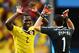BRASILIA, BRAZIL - JUNE 19: Cristian Zapata of Colombia celebrates with goalkeeper David Ospina after defeating the Ivory Coast 2-1 during the 2014 FIFA World Cup Brazil Group C match between Colombia and Cote D'Ivoire at Estadio Nacional on June 19, 2014