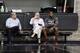 SAN ANTONIO, TX JUNE 6: Miami Heat owner Micky Arison, President Pat Riley and LeBron James speak as part of the 2014 NBA Finals on June 6, 2014 at the Spurs Practice Facility in San Antonio, Texas. NOTE TO USER: User expressly acknowledges and agrees tha