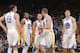 OAKLAND, CA - JANUARY 20: Andrew Bogut #12, Andre Iguodala #9, Stephen Curry #30, David Lee #10 and Klay Thompson #11 of the Golden State Warriors in a game against the Indiana Pacers on January 20, 2014 at Oracle Arena in Oakland, California. NOTE TO USE