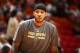 MIAMI, FL - APRIL 6: Carmelo Anthony #7 of the New York Knicks warms up on the court before the game against the Miami Heat on April 6, 2014 at American Airlines Arena in Miami, Florida. NOTE TO USER: User expressly acknowledges and agrees that, by downl