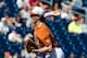 Jun 20, 2014; Omaha, NE, USA; Texas Longhorns pitcher John Curtiss (43) pitches in relief against the Vanderbilt Commodores during game eleven of the 2014 College World Series at TD Ameritrade Park Omaha. Texas defeated Vanderbilt 4-0. Mandatory Credit: S