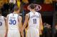 OAKLAND, CA - MAY 1: Stephen Curry #30 and Klay Thompson #11 of the Golden State Warriors in a game against the Los Angeles Clippers in Game Six of the Western Conference Quarterfinals during the 2014 NBA Playoffs at Oracle Arena on May 1, 2014 in Oakland