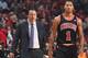 CHICAGO, IL - OCTOBER 31: Tom Thibodeau yells to Derrick Rose #1 of the Chicago Bulls during the game against the New York Knickson October 31, 2013 at the United Center in Chicago, Illinois. NOTE TO USER: User expressly acknowledges and agrees that, by