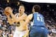Apr 14, 2014; Oakland, CA, USA; Golden State Warriors forward David Lee (10) looks to shoot the ball against Minnesota Timberwolves forward Kevin Love (42) during the third quarter at Oracle Arena. The Golden State Warriors defeated the Minnesota Timberwo