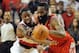 PORTLAND, OR - APRIL 27: Wesley Matthews #2 of the Portland Trail Blazers pokes the ball away from James Harden #13 of the Houston Rockets in the fourth quarter of Game Four of the Western Conference Quarterfinals during the 2014 NBA Playoffs at the Moda