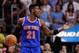 Apr 6, 2014; Miami, FL, USA; New York Knicks guard Iman Shumpert (21) reacts during the second half against the Miami Heat at American Airlines Arena. Miami won 102-91. Mandatory Credit: Steve Mitchell-USA TODAY Sports