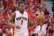 TORONTO, ON - MAY 4: Kyle Lowry #7 of the Toronto Raptors plays against the Brooklyn Nets in Game Seven of the NBA Eastern Conference Quarterfinals at the Air Canada Centre on May 4, 2014 in Toronto, Ontario, Canada. The Nets defeated the Raptors 104-103