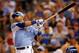 KANSAS CITY, MO - JULY 09: American League All-Star Jose Bautista #19 of the Toronto Blue Jays at bat to break a tie with American League All-Star Mark Trumbo #44 of the Los Angeles Angels of Anaheim during the State Farm Home Run Derby at Kauffman Stadi