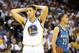 Apr 14, 2014; Oakland, CA, USA; Golden State Warriors guard Klay Thompson (11) reacts after being called for a foul against Minnesota Timberwolves guard Kevin Martin (23) during the second quarter at Oracle Arena. Mandatory Credit: Kelley L Cox-USA TODAY