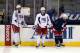 LOS ANGELES, CA - JUNE 03: Marc Staal #18, Anton Stralman #6 and Dan Girardi #5 of the New York Rangers look on during a practice session ahead of the 2014 NHL Stanley Cup Final at Staples Center on June 3, 2014 in Los Angeles, California. (Photo by Bru