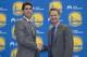 May 20, 2014; Oakland, CA, USA; Steve Kerr (right) poses for a photo with Golden State Warriors general manager Bob Myers (left) in a press conference after naming Kerr as the new head coach for the Warriors at the Warriors Practice Facility. Mandatory Cr