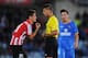 GETAFE, SPAIN - OCTOBER 28: Ander Herrera (L) of Athletic Club argues with referee Gil Manzano during the La Liga match between Getafe CF and Athletic Club at Coliseum Alfonso Perez stadium on October 28, 2013 in Getafe, Spain. (Photo by Denis Doyle/Get
