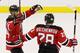 NEWARK, NJ - MAY 21: Bryce Salvador #24 of the New Jersey Devils celebrates with Anton Volchenkov #28 of the New Jersey Devils in Game Four of the Eastern Conference Final during the 2012 NHL Stanley Cup Playoffs at the Prudential Center on May 21, 2012