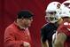 TEMPE, AZ - MAY 23: Logan Thomas #6 of the Arizona Cardinals talks with head coach Bruce Arians during a Rookie Minicamp practice on May 23, 2014 in Tempe, Arizona. (Photo by Norm Hall/Getty Images)