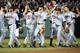Jun 24, 2014; Omaha, NE, USA; The Vanderbilt Commodores team celebrate the win over the Vanderbilt Commodores during game two of the College World Series Finals at TD Ameritrade Park Omaha. Virginia defeated Vanderbilt 7-2. Mandatory Credit: Steven Bransc