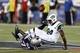 Sep 12, 2013; Foxborough, MA, USA; New York Jets wide receiver Stephen Hill (84) is tackled by New England Patriots cornerback Aqib Talib (31) who forced a fumble on the play during the first half at Gillette Stadium. Mandatory Credit: Mark L. Baer-USA TO