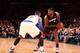 NEW YORK, NY - JANUARY 9: LeBron James #6 of the Miami Heat controls the ball against Carmelo Anthony #7 of the New York Knicks during a game at Madison Square Garden in New York City on January 9, 2014. NOTE TO USER: User expressly acknowledges and agre