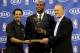 May 5, 2013; Miami, FL, USA; Miami Heat small forward LeBron James (center) holds his fourth MVP trophy next to head coach Erik Spoelstra (left) and Heat president Pat Riley (right) at the American Airlines Arena. Mandatory Credit: Steve Mitchell-USA TODA