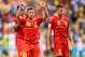 RIO DE JANEIRO, BRAZIL - JUNE 22: Eden Hazard of Belgium (L) acknowledges the fans after a 1-0 victory in the 2014 FIFA World Cup Brazil Group H match between Belgium and Russia at Maracana on June 22, 2014 in Rio de Janeiro, Brazil. (Photo by Matthias