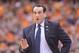 Feb 1, 2014; Syracuse, NY, USA; Duke Blue Devils head coach Mike Krzyzewski gives instruction to his team during the first half of a game against the Syracuse Orange at the at Carrier Dome. Mandatory Credit: Mark Konezny-USA TODAY Sports