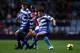 BIRMINGHAM, UNITED KINGDOM - FEBRUARY 04: Moustapha Salifou of Aston Villa is tackled by Jason Price and John Spicer of Doncaster Rovers during the F.A Cup sponsored by E.on 4th round replay match between Aston Villa and Doncaster Rovers at Villa Park on