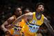 DENVER, CO - April 12: Wilson Chandler #21 and Kenneth Faried #35 of the Denver Nuggets battle for position against the Utah Jazz on April 12, 2014 at the Pepsi Center in Denver, Colorado. NOTE TO USER: User expressly acknowledges and agrees that, by down