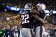 FOXBORO, MA - JANUARY 11: Stevan Ridley #22 of the New England Patriots celebrates with teammates Matthew Slater #18 and James Develin #46 after scoring a touchdown in the fourth quarter against the Indianapolis Colts during the AFC Divisional Playoff ga