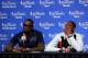 SAN ANTONIO, TX - JUNE 15: LeBron James #6 and Dwyane Wade #3 of the Miami Heat speak to the media following a 104-87 loss in Game Five of the 2014 NBA Finals at the AT&T Center on June 15, 2014 in San Antonio, Texas. NOTE TO USER: User expressly acknowl