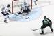LONDON, ON - FEBRUARY 9: Alex Nedeljkovic #39 of the Plymouth Whalers makes a stop on Bo Horvat #53 of the London Knights during an OHL game at the Budweiser Gardens on February 9, 2014 in London, Ontario, Canada. (Photo by Claus Andersen/Getty Images)